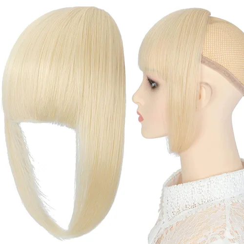 Vista 2 de Extensiones de clip de cabello francés, fleco natural grueso curvado con patillas largas con clip recto para mujer