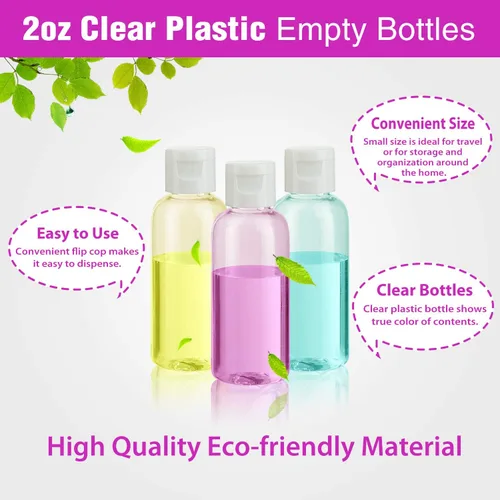 Vista 5 de Dabacc 30 botellas vacías de plástico transparente de 2 onzas con tapa abatible para líquidos de tamaño de viaje
