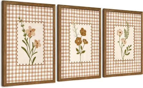 Vista 12 de JLTULT 3 piezas de arte de pared con flores en lienzo con marco, arte de pared de flores en tonos neutros y beige, arte de pared de flores