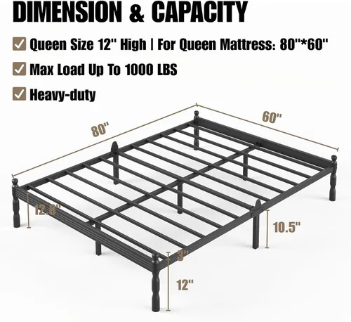 Vista 57 de 12 Inch Heavy Duty Black Metal Platform Bed Frame with Mattress Support, Twin Platform Bed Frame with Under Bed Storage, No Box Spring Needed, Easy