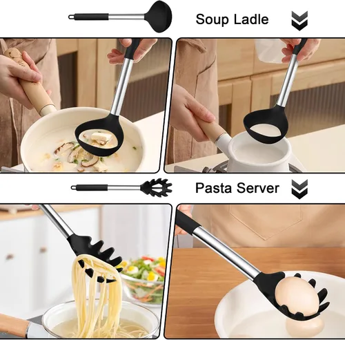 Vista 4 de TeamFar Juego de 2 cucharones de sopa y pasta de silicona con mango de acero inoxidable, color negro