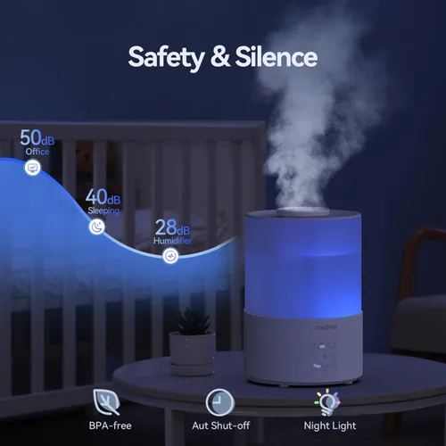 Vista 2 de raydrop Difusor humidificador de niebla fría, difusor de aceite esencial, humidificador de llenado superior para dormitorio, hogar y oficina, bebé