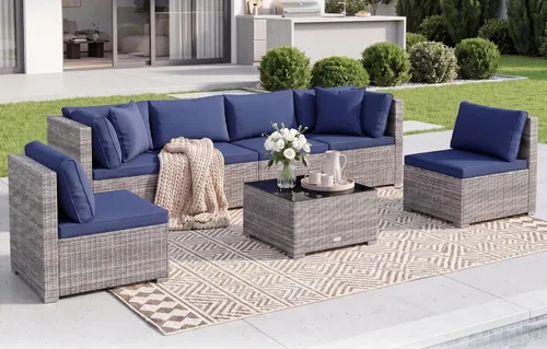 Vista 29 de Tangkula Juego de 2 sofás de mimbre para exteriores, sin brazos, juego de sofá modular de ratán para patio con 2 cojines de asiento gruesos y 2