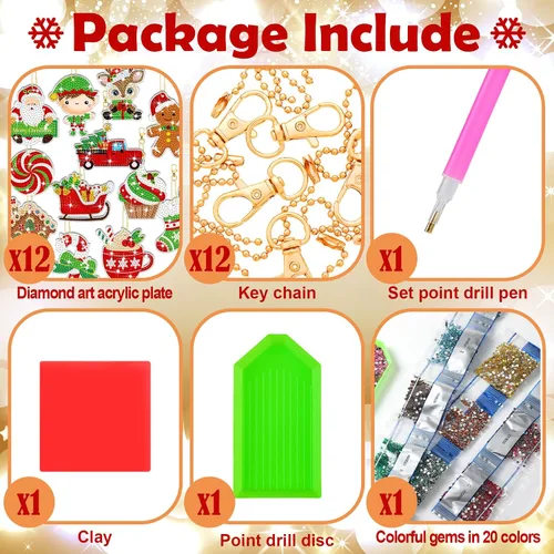 Vista 5 de 12 piezas de llavero de pintura de diamantes de Navidad 5D DIY Kit de pintura de diamante colgante de Navidad kits de arte de diamantes arte