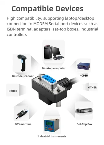 Vista 7 de DB9 macho a hembra RS232 Cable serial, doble ángulo recto 90 grados 9 pines COM extensión de puerto para PC, industrial, CNC y sistemas POS Niquelado