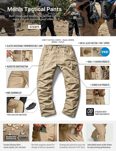 Vista 8 de CQR Pantalones tácticos para hombre, resistentes al agua, pantalones cargo Ripstop, ligeros EDC trabajo, senderismo, ropa para exteriores
