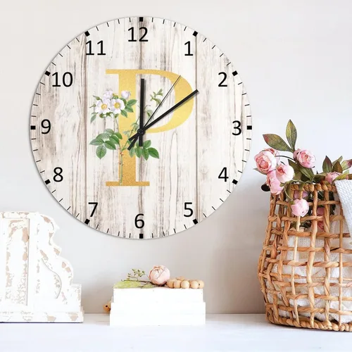 Vista 2 de Reloj de pared de madera para decoración del hogar, letra con monograma del alfabeto con inicial dorada, diseño floral blanco, retro, silencioso
