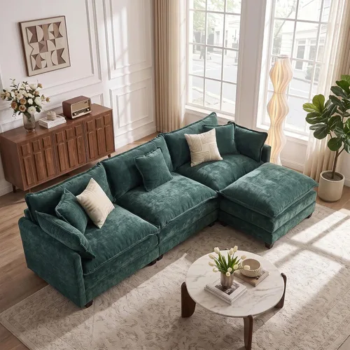 Vista 30 de Sofá individual modular de chenilla con otomana, sofá nube con almohada, color beige