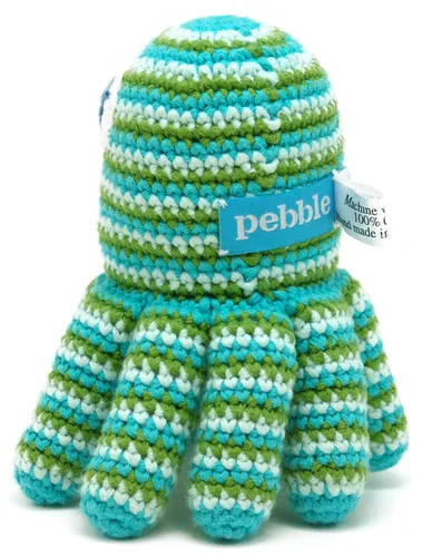 Vista 3 de Pebble Sonajero de bebé de pulpo hecho a mano, rayas verdes, océano, playa, costero, juguete de ganchillo para bebé, comercio justo, lavable a
