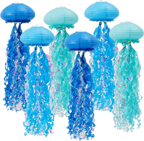 Vista 11 de Decoraciones de cumpleaños de sirena, linternas de papel de medusas rosadas lavanda azul, escamas de sirena colgantes en forma de linterna