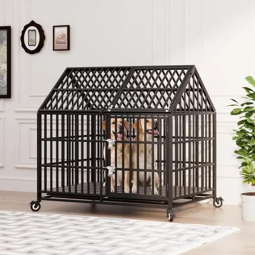 Vista 7 de Jaula para perros resistente de 50 pulgadas con 4 ruedas, doble puerta indestructible, a prueba de escapes, jaula grande XXL para interiores con 2