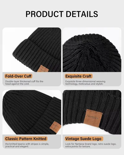 Vista 4 de Nertpow Mens Beanie Hats 3 Pack, Winter Hats for Men Women Warm Thermal Fleece Lined, Thick Knit Fashion Skull Cap for Guys
