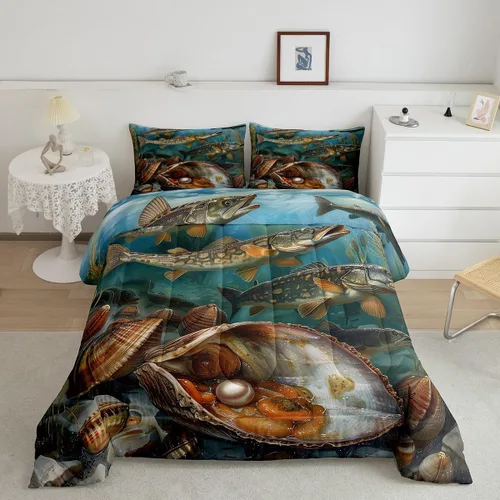 Vista 30 de Erosebridal Juego de edredón de ballena náutica, tamaño individual, juego de ropa de cama vintage azul con ondas oceánicas para niños y niñas