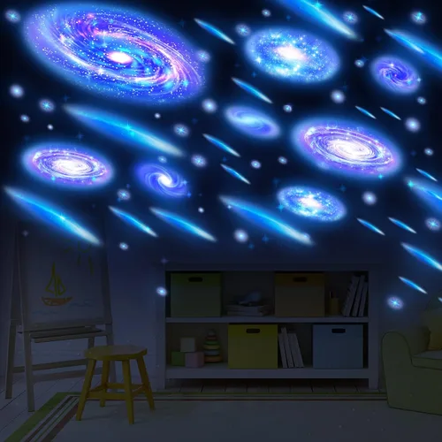 Vista 4 de Spakon 289 calcomanías de pared de galaxia que brillan en la oscuridad