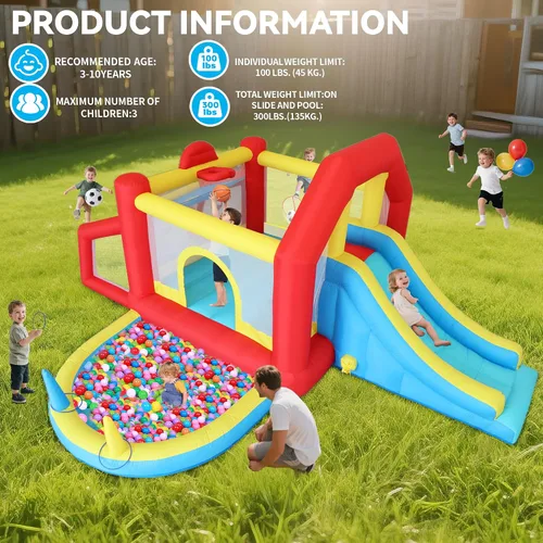 Vista 3 de Casa inflable de rebote para niños de 9 en 1 con tobogán alto, piscina de pelotas, juego de fútbol de habilidad, juego de sacos de arena