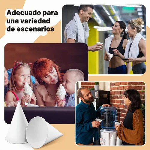 Vista 6 de Roshtia 200 piezas de vasos de cono de papel engrosados, vasos de cono desechables para hielo raspado, enfriador de agua de granizado, blanco