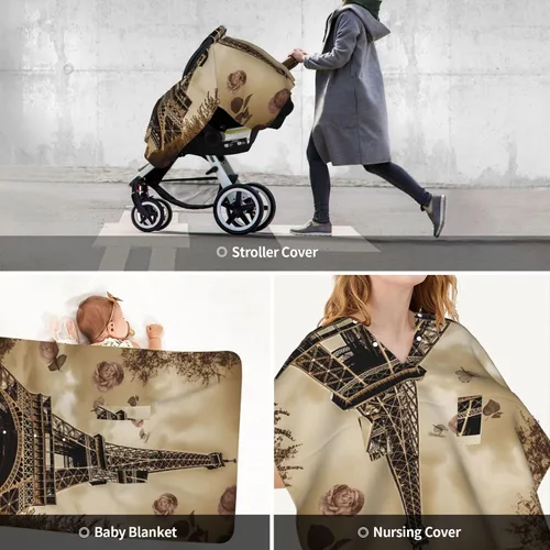 Vista 9 de Baby Car Seat Canopy Cover for Mom, Soft Breathable Nursing Breastfeeding Covers Multi Use Stroller Sun Shade Newborn Shower Gift，Paris Eiffel Tower