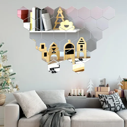 Vista 7 de Jetec 32 piezas de espejo hexagonal de 2 x 3.4 x 4 pulgadas, espejo de pared de vidrio autoadhesivo a granel, vidrio de pared plano flexible