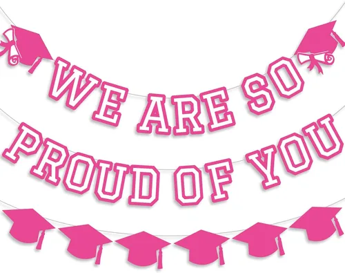 Vista 22 de Letrero con texto en inglés «We Are So Proud Of You», decoración de fiesta de graduación, guirnalda de tapa de felicitaciones, letrero de pared, Azul