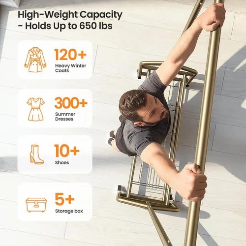 Vista 2 de Heavy Duty Clothes Rack, Rolling Clothing Rack Load 650 LBS for Hanging Clothes with 2 Sturdy Shelves, Metal Garment Rack with Wheels for Bedroom