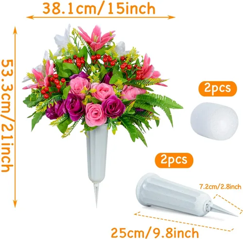 Vista 2 de XONOR Flores artificiales de cementerio con jarrón juego de 2 ramos de rosas artificiales de lirio para decoración de lápidas de cementerio
