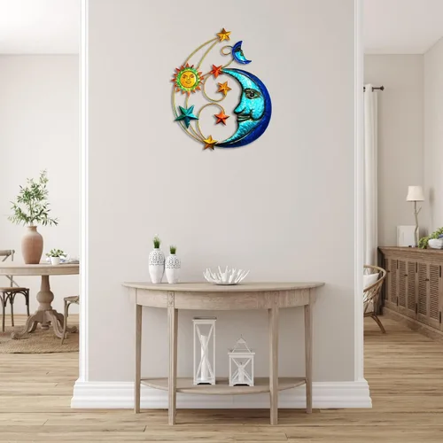 Vista 7 de Decoración de pared de metal para exteriores, tamaño grande de 17 pulgadas, escultura de pared de metal con luna y estrellas para decoración