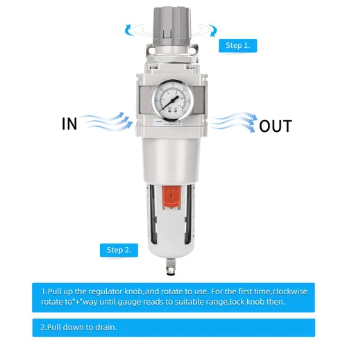 Vista 4 de 1" NPT Filtro de aire comprimido regulador combinado tipo piggyback, elemento de latón de 5 micrones, cuenco de policarbonato, desagüe