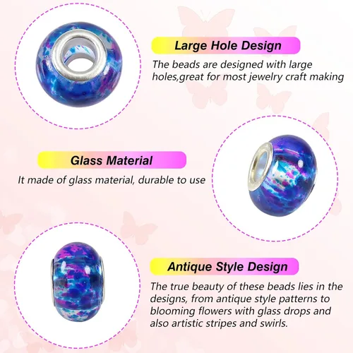 Vista 3 de TOAOB - 100 cuentas de cristal surtidas europeas con agujeros grandes, espaciadores, cuentas de metal con diamantes de imitación para manualidades