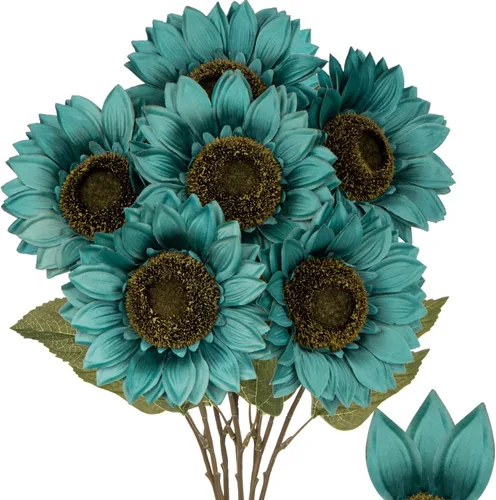 Vista 13 de Girasoles artificiales de seda grandes de color naranja, flores de otoño artificiales de tallo largo de 26 pulgadas, 6 piezas de girasoles falsos