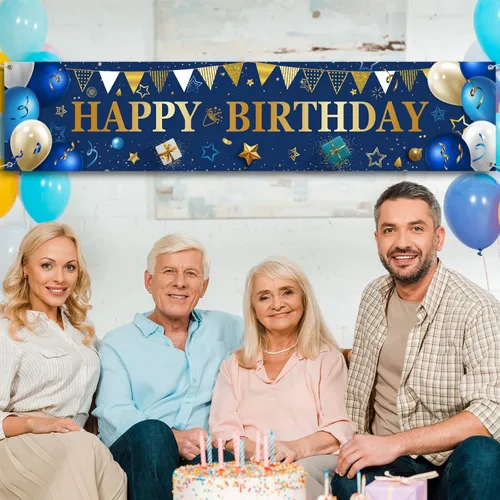 Vista 4 de Cartel de patio para regalos de feliz cumpleaños, pancartas grandes de cumpleaños para decoraciones exteriores, telón de fondo para hombres y Dorado