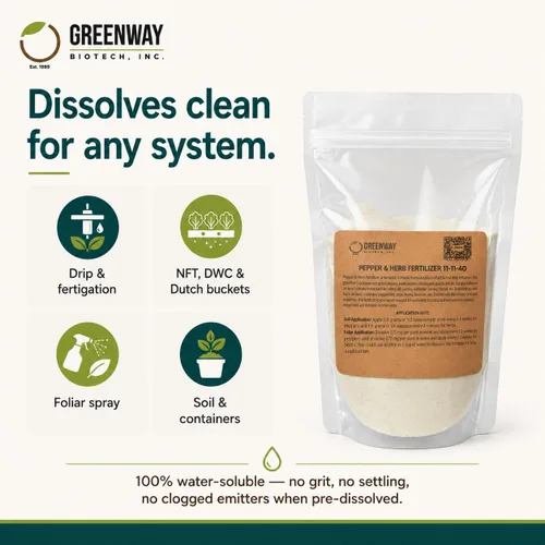 Vista 6 de Greenway Biotech, Inc. Fertilizante de pimienta y hierbas 11-11-40 en polvo - Soluble en agua con micronutrientes quelados para pimientos picantes