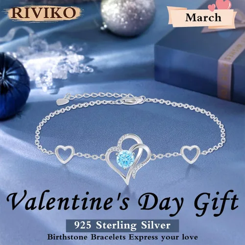Vista 3 de RIVIKO Pulsera con dije de corazón de amor para mujer, plata de ley 925 con circonitas de piedra natal, eslabones ajustables para madre, esposa