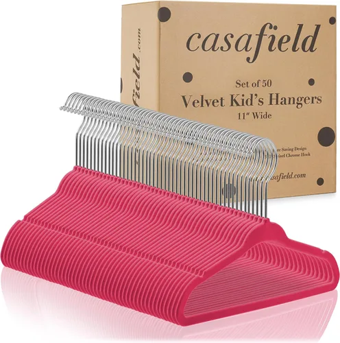 Vista 4 de Casafield 50 perchas de terciopelo para bebé, tamaño de 11 pulgadas para ropa de bebés y niños pequeños, color rosa
