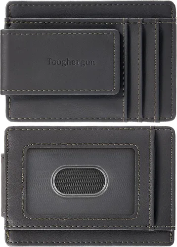 Vista 21 de Cartera minimalista Toughergun para hombres con clip de dinero magnético, cartera de cuero, tarjetero de crédito con bloqueo RFID Negro