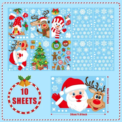 Vista 7 de Calcomanías navideñas para ventana, 267 unidades, reutilizables, de doble cara, impresas, autoadhesivas, decoración de ventana, Papá Noel, alce