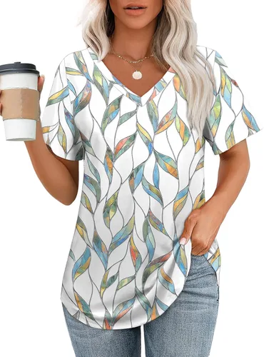 Vista 12 de OFEEFAN Camisetas básicas de manga corta con cuello en V para mujer, ajuste holgado, con dobladillo curvado B-verde