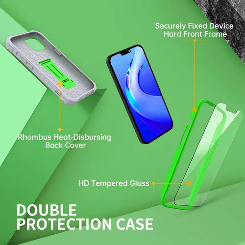 Vista 6 de FITO Funda para Apple iPhone 13, doble capa a prueba de golpes resistente con protector de pantalla de vidrio templado y soporte integrado (verde)