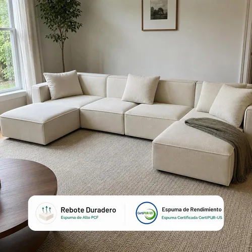 Vista 4 de Acanva Juego de Sofá Seccional Modular de Lujo para Sala de Estar, Sofá de Estilo Moderno Minimalista con Otomana y Chaise, Forma de U, Crema
