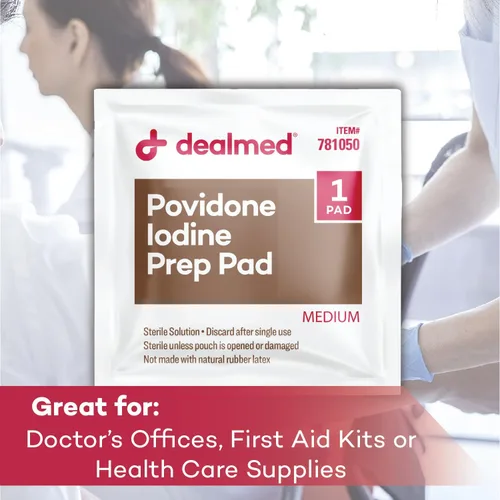 Vista 7 de Dealmed Povidone Yodine Prep Pad 10% - Paquetes sellados individualmente, perfectos para el cuidado de heridas y botiquines portátiles de primeros
