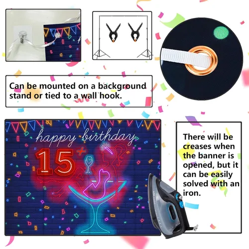 Vista 5 de Cartel de neón con texto en inglés «Happy 15» Birthday Girl Happy 15 Birthday Banner «Cheers to 15 años» de tacón alto, maquillaje para decoración