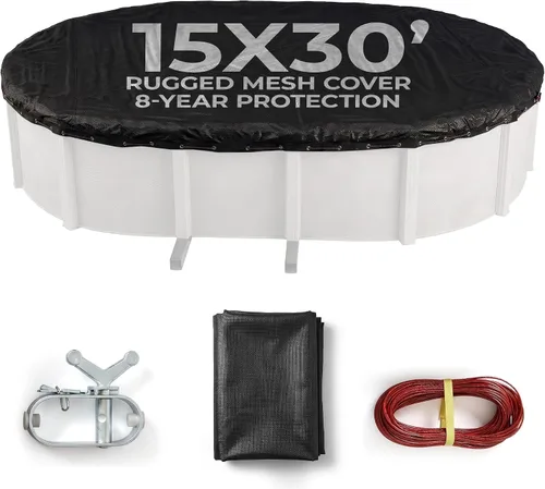 Vista 8 de Cubierta Defender para alberca ovalada en suelo, para el invierno., Negro Woven Polyethylene, Extra 4-ft Overlap, Mesh Debris Barrier, Metal