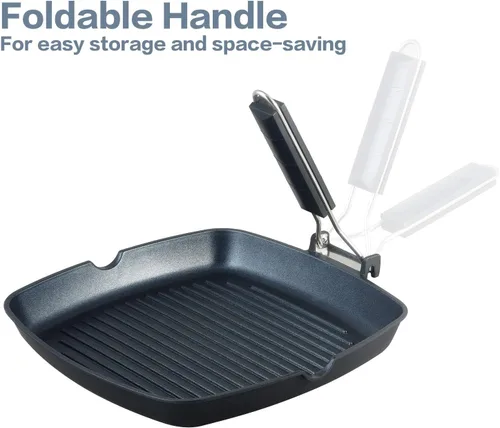Vista 5 de S·KITCHN Sartén para parrilla con mango plegable, sartén antiadherente para estufas, sartén cuadrada compatible con inducción con boquillas