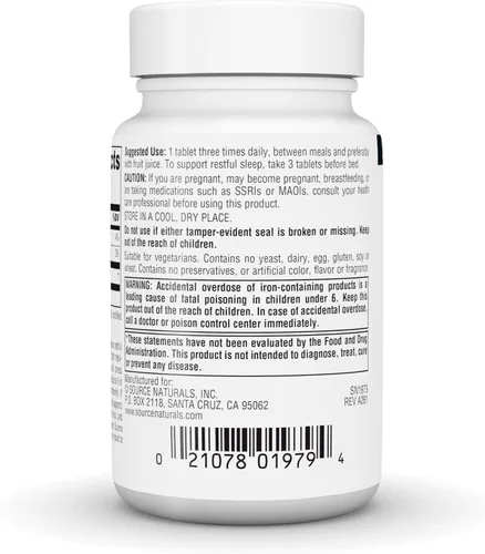 Vista 4 de Source Naturals L-triptófano, para el estado de ánimo, la relajación y el sueño*, 500 mg - 60 tabletas