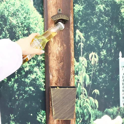 Vista 2 de Abridor de botellas de cerveza antiguo montado en la pared con tapa colector de tapas de acero inoxidable drenado estrecho (bronce envejecido)