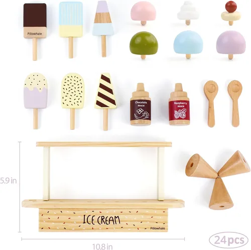 Vista 5 de Juego de helados de madera de Pillowhale para niños – 24 piezas Juguetes de simulación de helados con conos, paletas, coberturas, salsas y cucharas