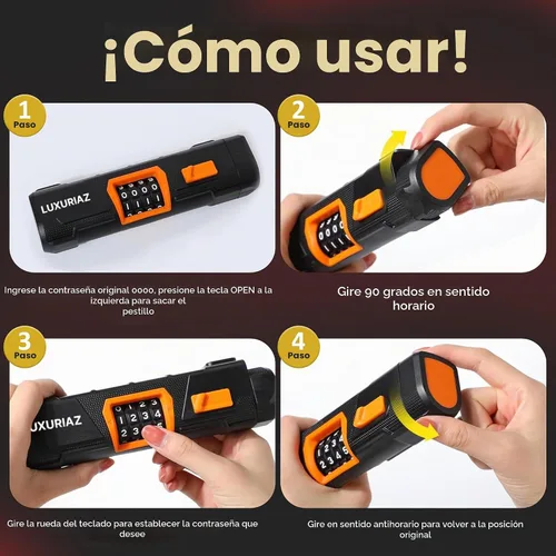 Vista 4 de Cerradura de bicicleta resistente con cable de acero de 5 pies, combinación reiniciable de 4 dígitos, bloqueo de cable duradero para protección
