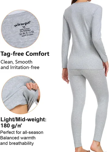 Vista 2 de wirarpa Juego de ropa interior térmica de algodón para mujer, ligera, pantalones largos, capa base, conjunto de pijama para mujer, parte superior e
