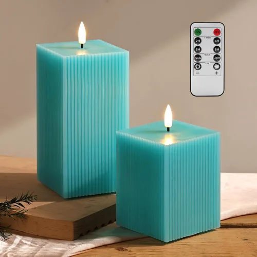 Vista 9 de Velas sin llama rosas con control remoto, velas LED cuadradas con nervaduras, juego de 2, velas alimentadas por batería parpadeantes, cera real, Φ