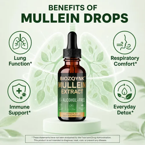Vista 3 de Gotas de extracto de hoja de gordolobo - Apoyo pulmonar, respiratorio e inmunológico, 2 onzas líquidas Sublingual liquid drops; mullein leaf