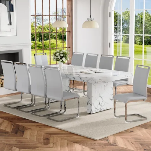 Vista 11 de Ebullient - Juego de mesa de comedor de mármol de 79 pulgadas para 6, mesa con patrón de mármol blanco de 3.5 pulgadas con base de MDF estable